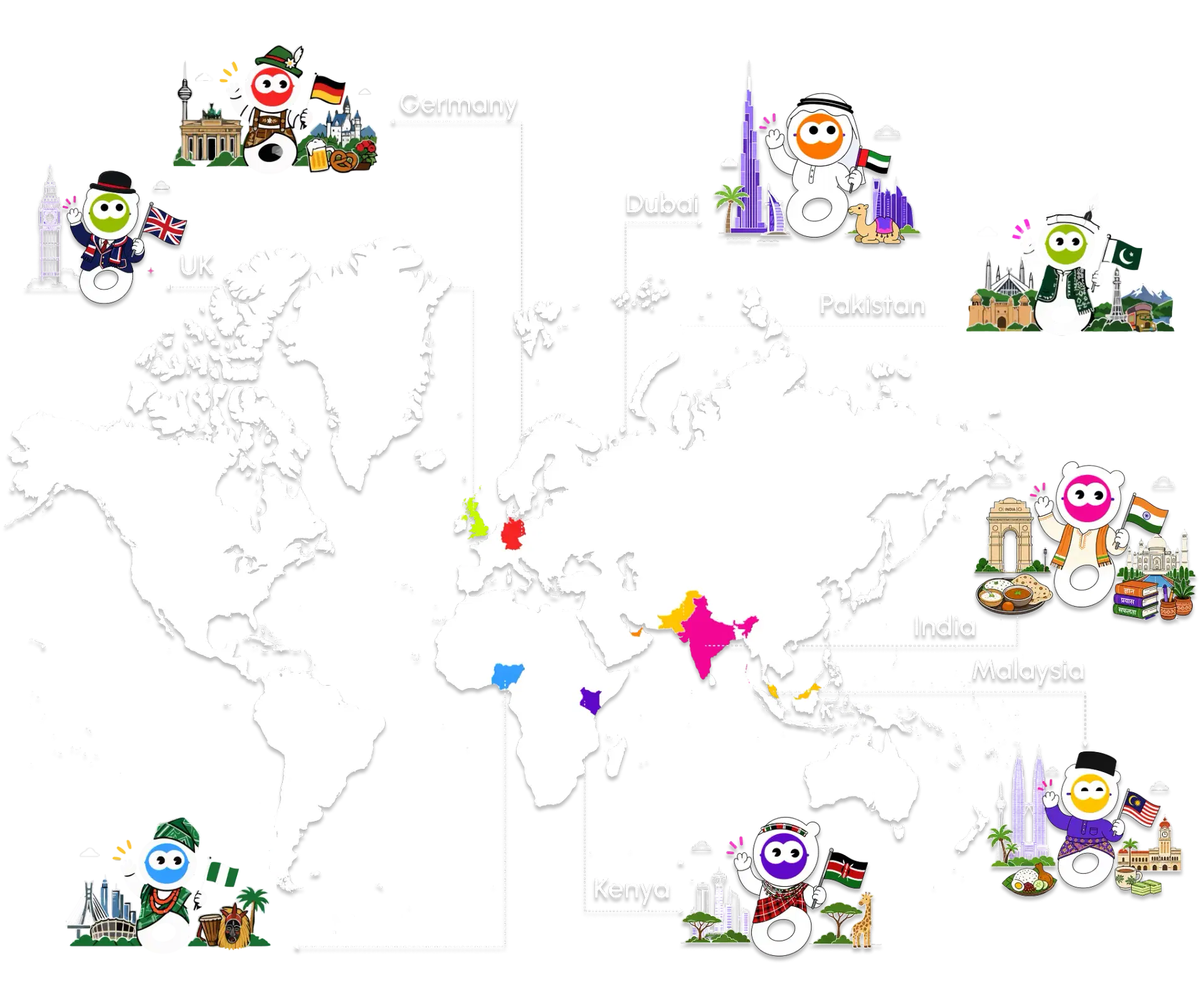 Gyanis mascots pinned on a world map at the UK, Germany, Dubai, Pakistan, India, Malaysia, Kenya and Nigeria